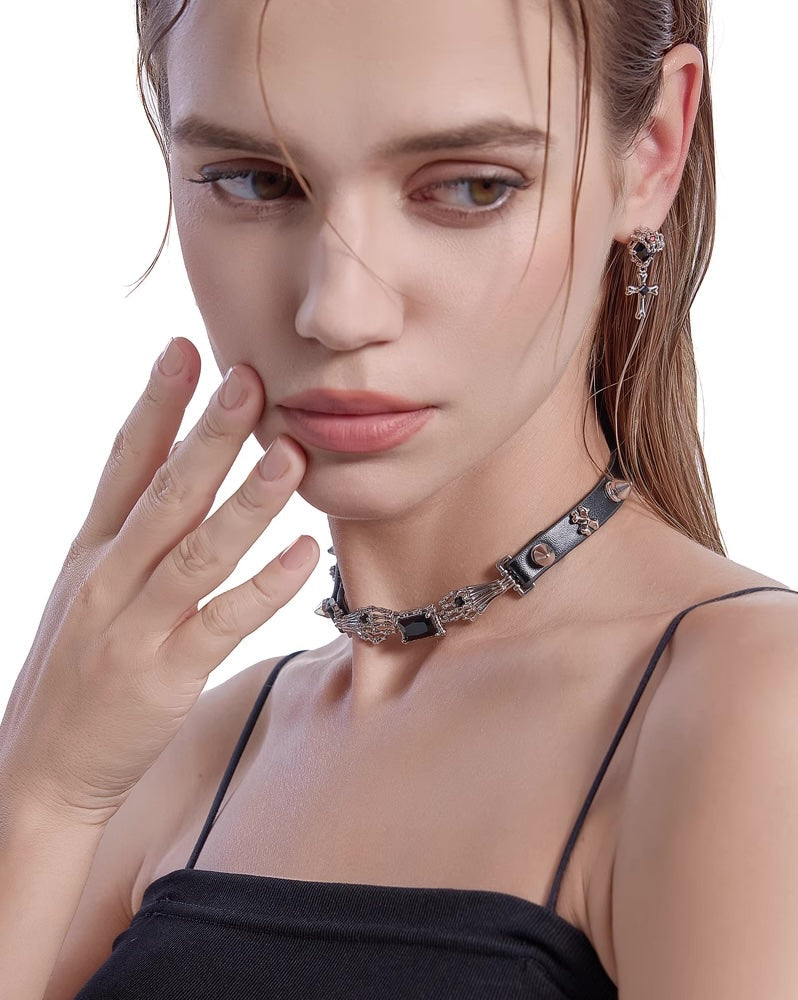 Skeleton Hand Holding Leather Choker