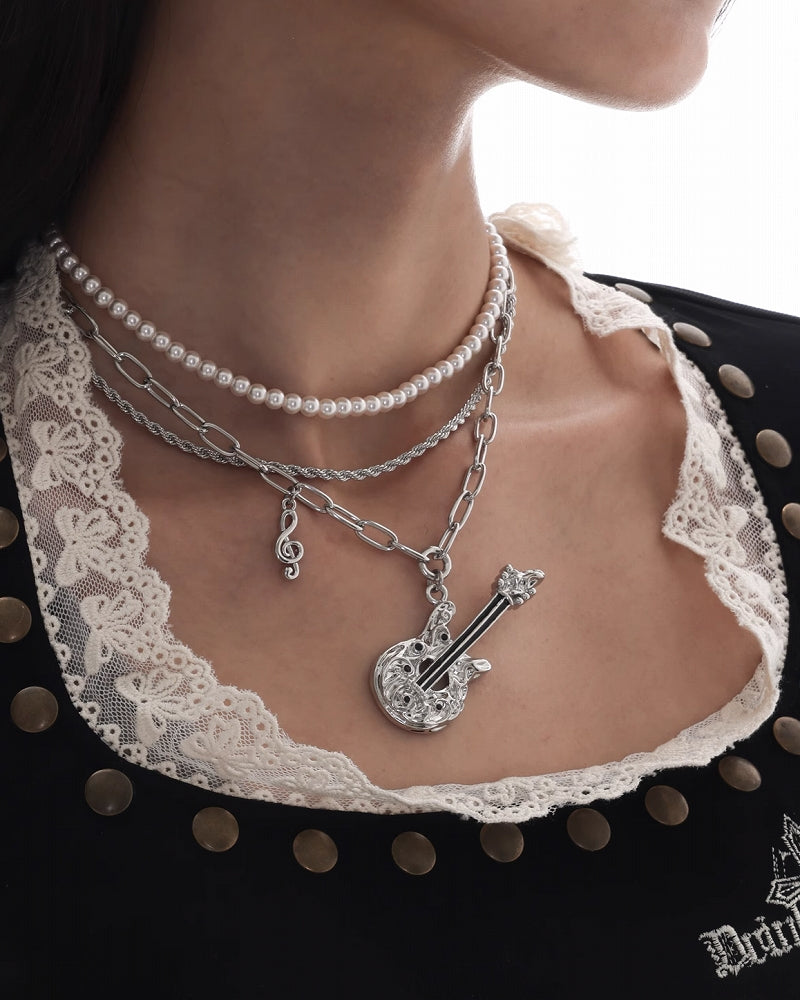 Punk Guitar Double Pearl Necklace