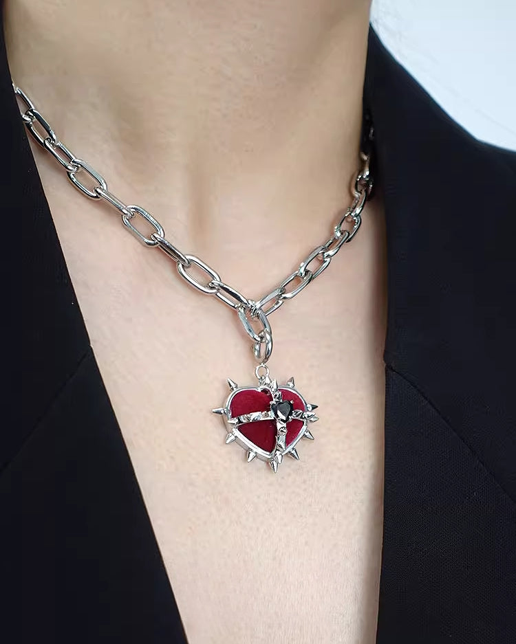 Evil Girl Crazy Flower Spiked Heart Necklace