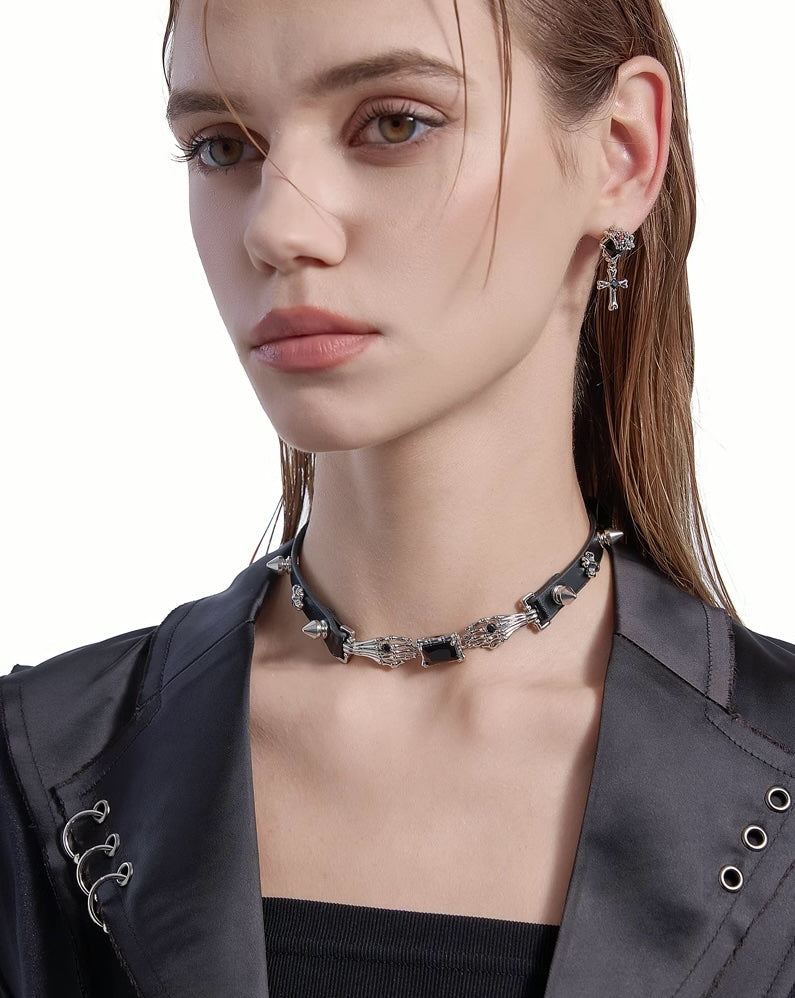 Skeleton Hand Holding Leather Choker