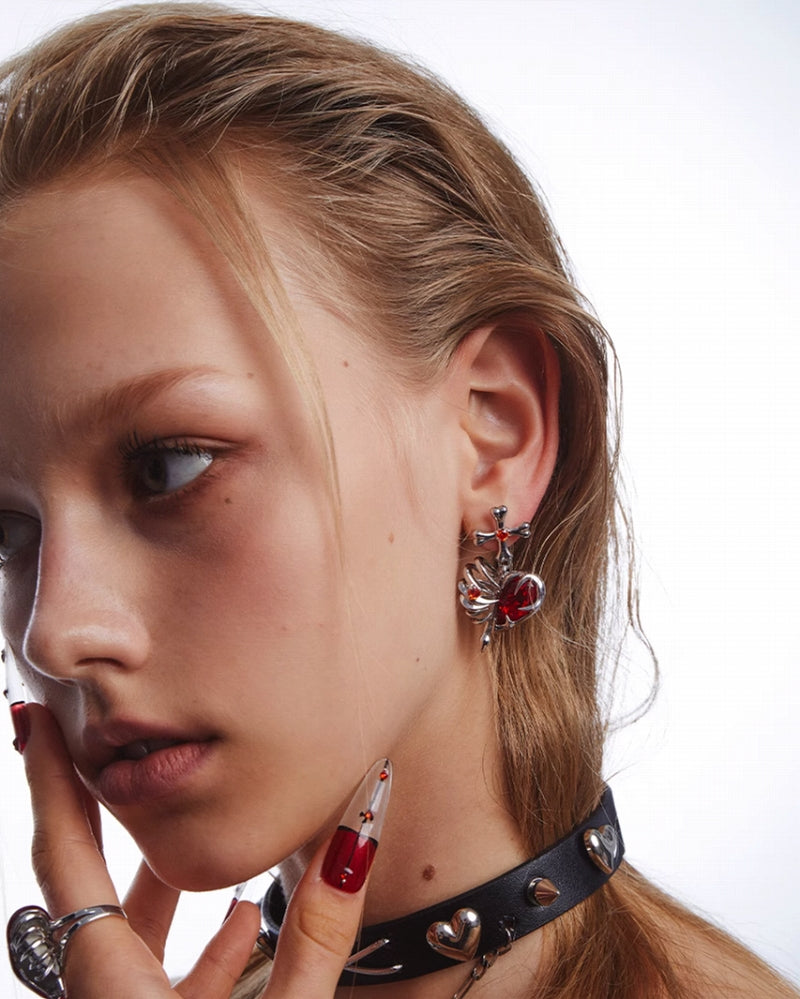 Bone Heart Cross Earrings