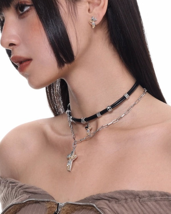Gold Foil Ashes Cross Double Leather Necklace