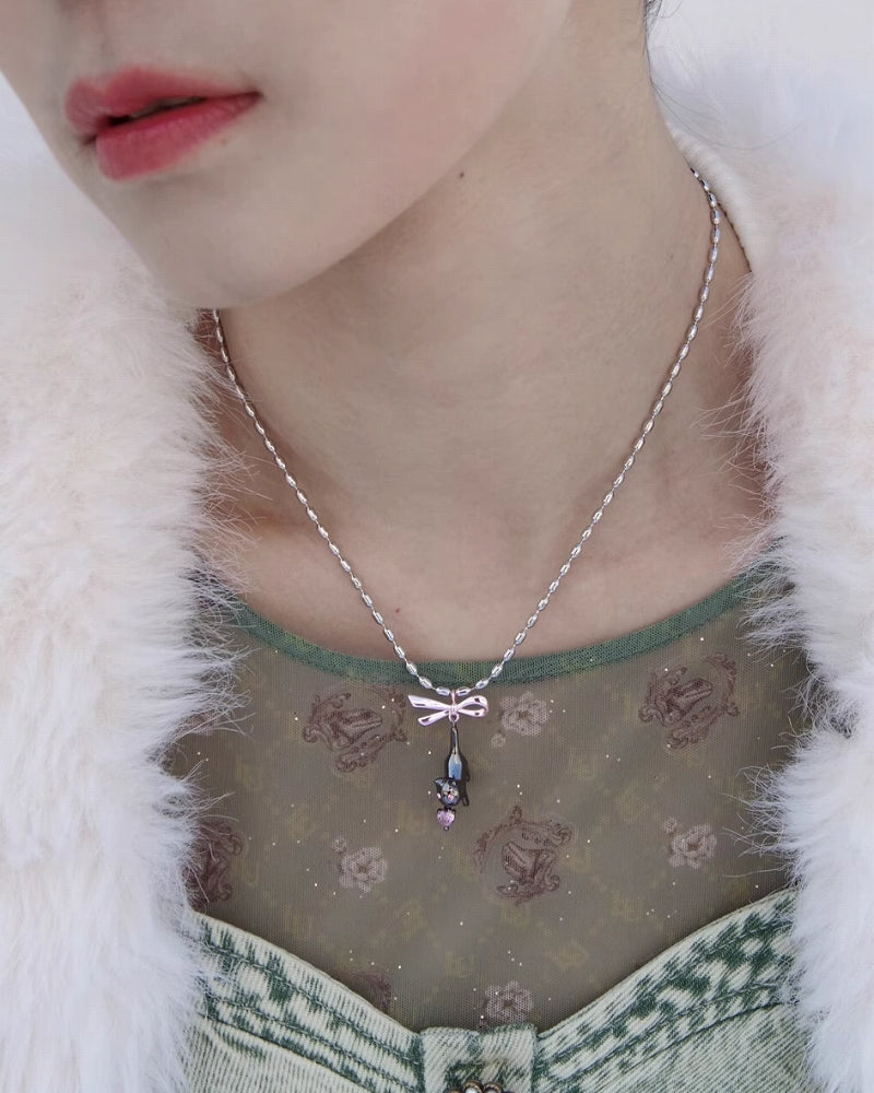 Black Cat Pink Bow Necklace