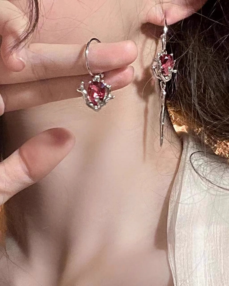 Dark Red Asymmetrical Rose Earrings