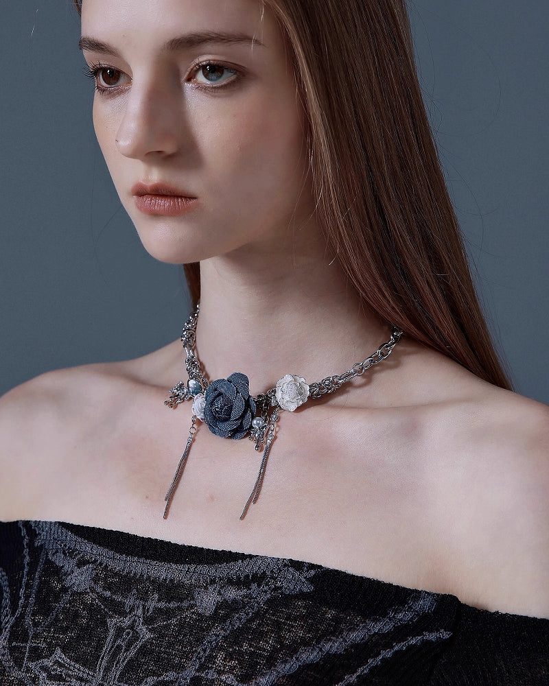 Blue Rose Tassel Necklace