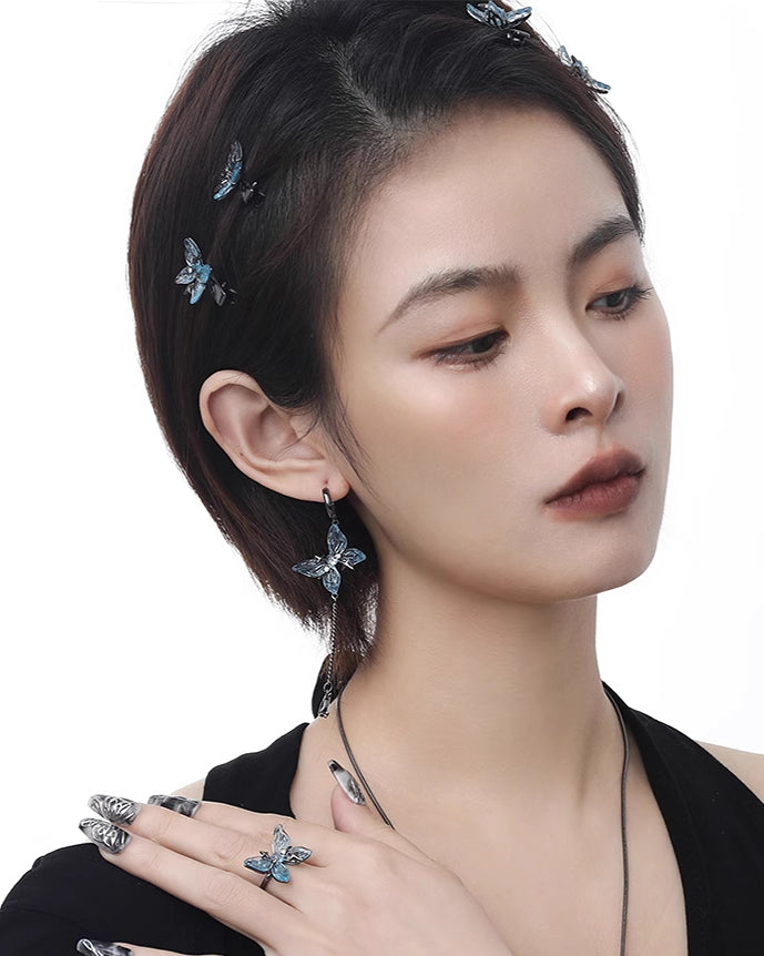 Ice Blue Butterfly Asymmetrical Earrings