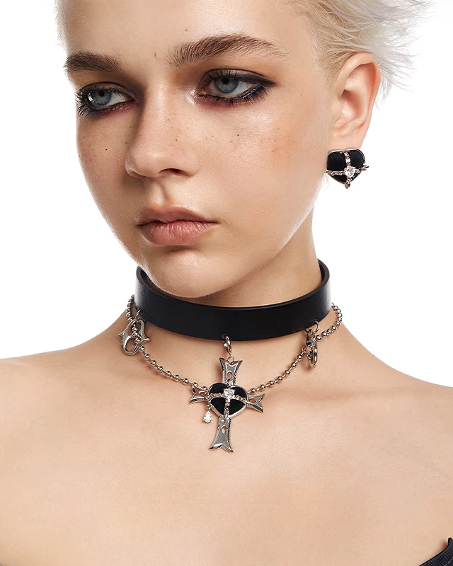 Black Hearted Evil Woman Cross Choker
