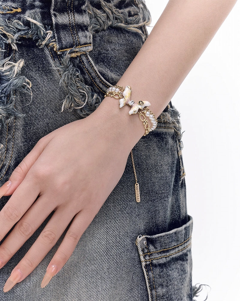 Butterfly Rose Pearl Layer Bracelet