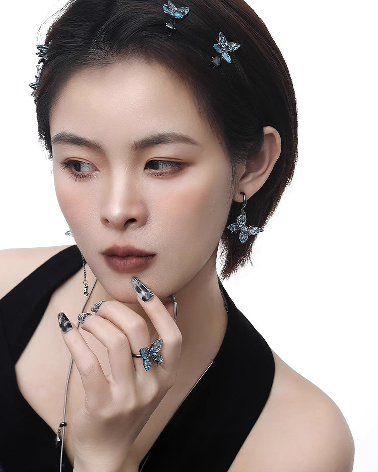 Ice Blue Butterfly Asymmetrical Earrings