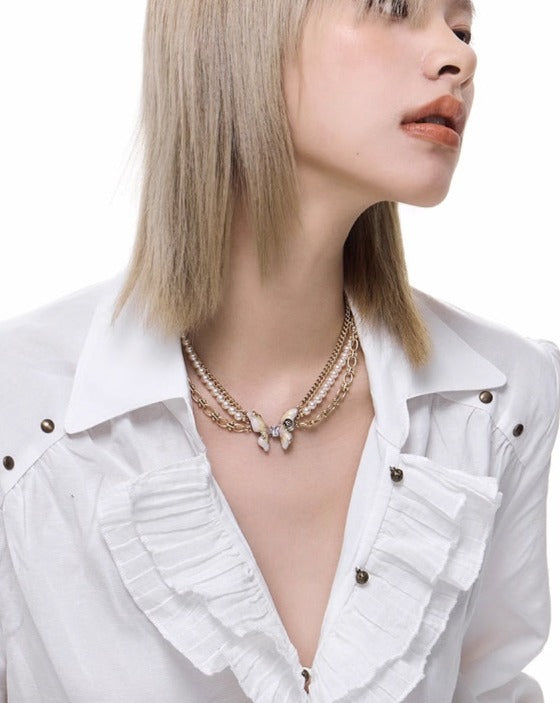 Butterfly Rose Pearl Layer Necklace