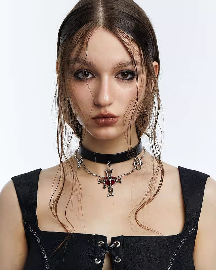 Evil Girl Crazy Flower Cross Heart Choker