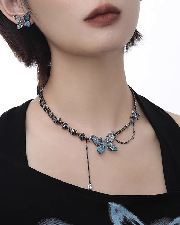 Ice Blue Butterfly Tassel Necklace