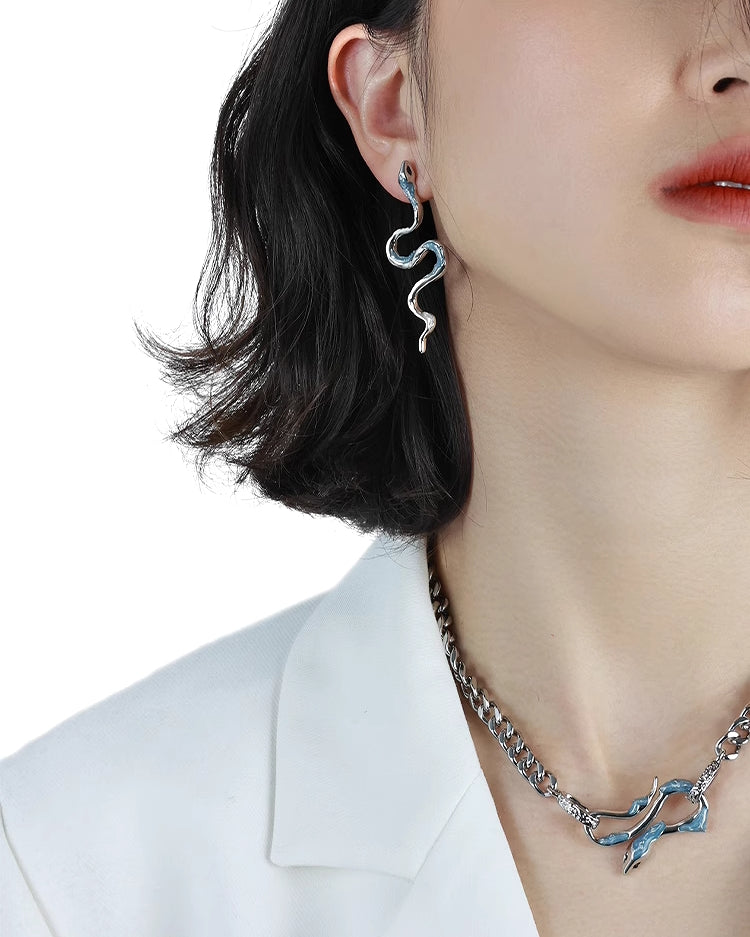 Ice Snake Blue Wave Curve Earrings