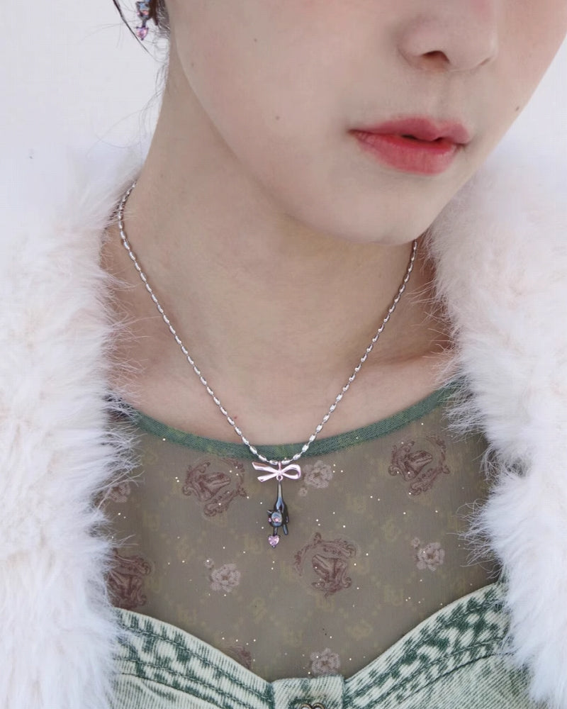 Black Cat Pink Bow Necklace