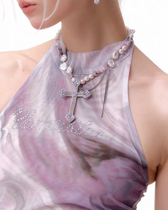 Full Diamond Cross Pearl Necklace
