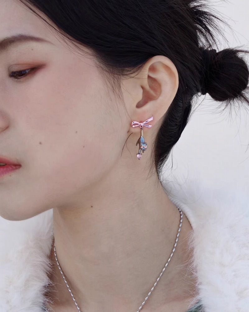 Black Cat Pink Bow Earrings