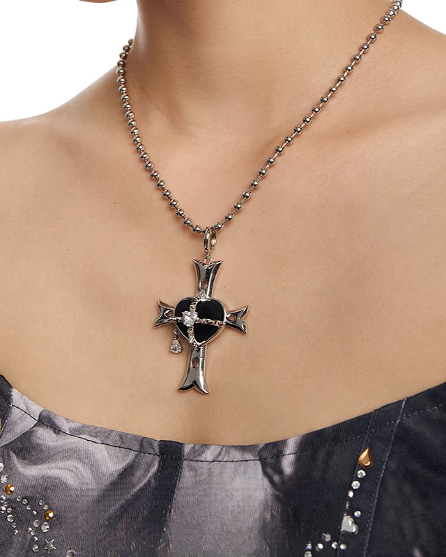 Black Hearted Evil Woman Cross Necklace