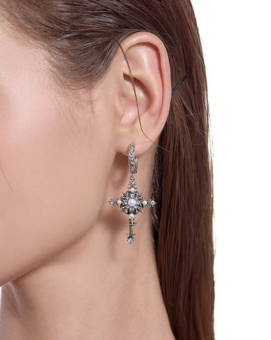 Nostalgia Cross Pearl Earrings
