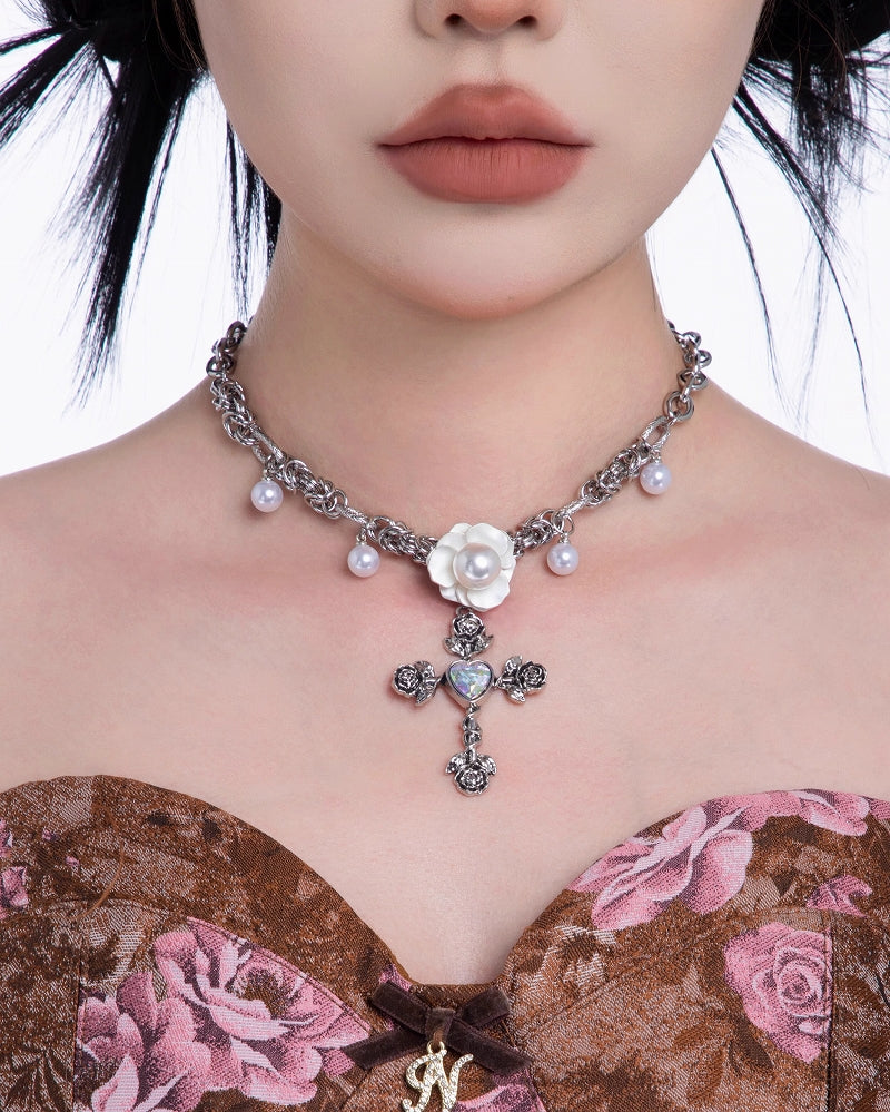 Flower Cluster Rose Cross Necklace