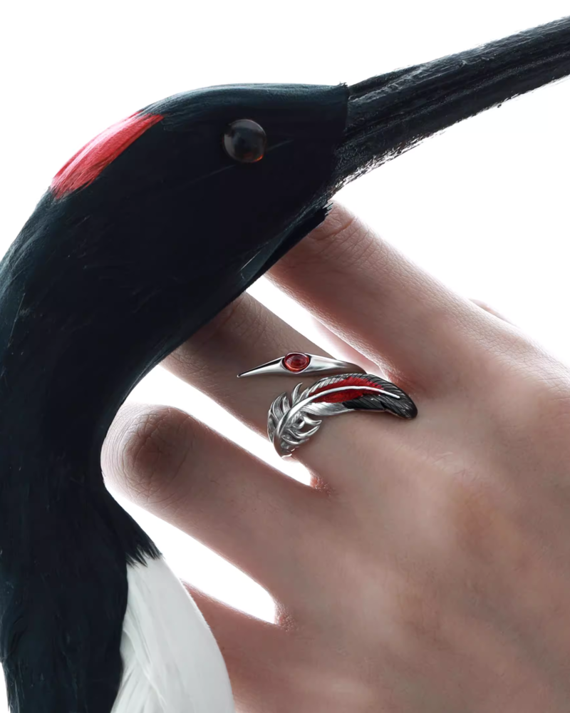 Floating Crane Feather Open Ring