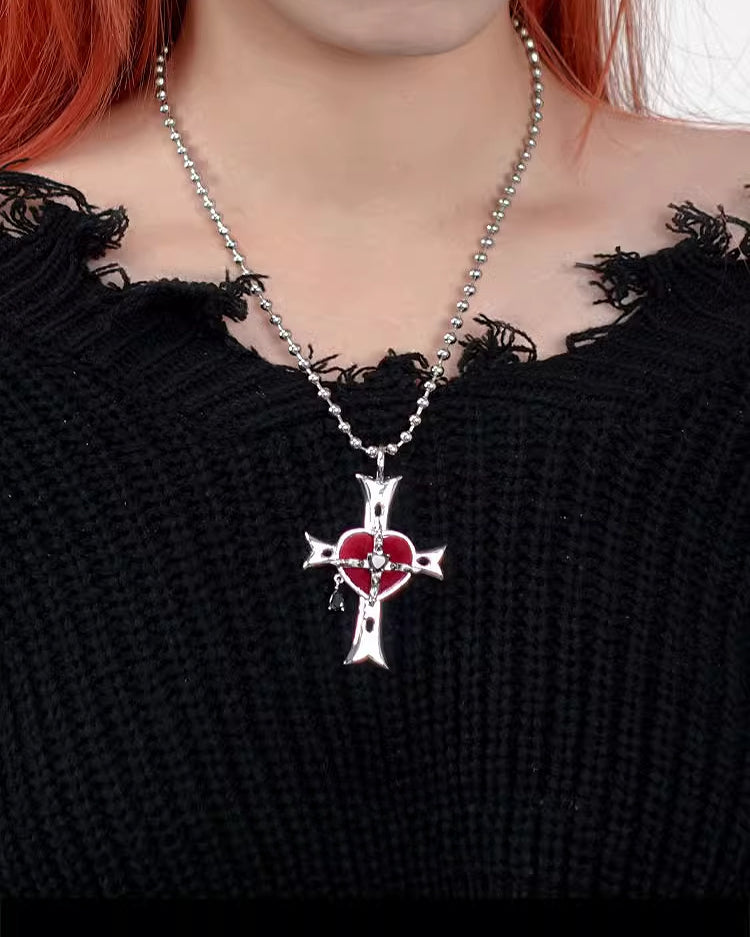 Evil Girl Crazy Flower Cross Heart Necklace